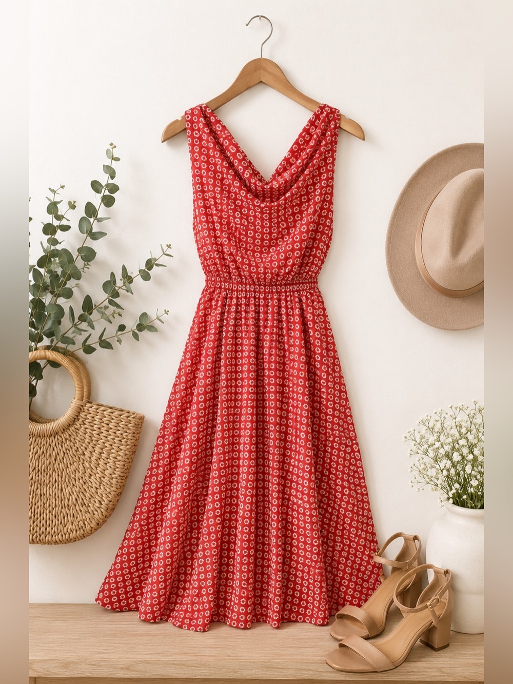 Maeve Red and White Midi Dress